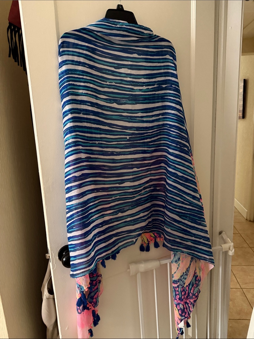 Lilly Pulitzer Blue and Pink Striped & Floral Fringed Wrap Scarf - Picture 6 of 6